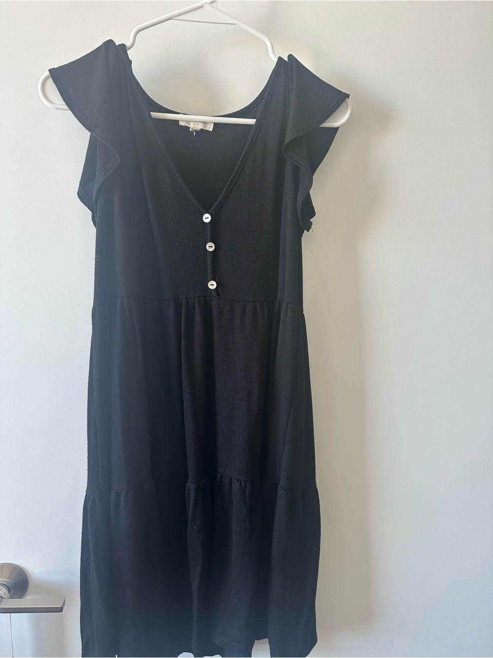 See You Monday Black V-Neck Tiered Button Midi Dress
